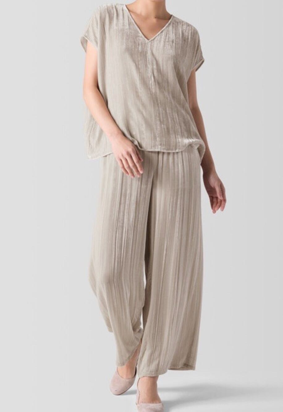 Eileen Fisher Crushed Velvet V Neck Top Wide Leg Pants Ivory Almond Cream Sz M